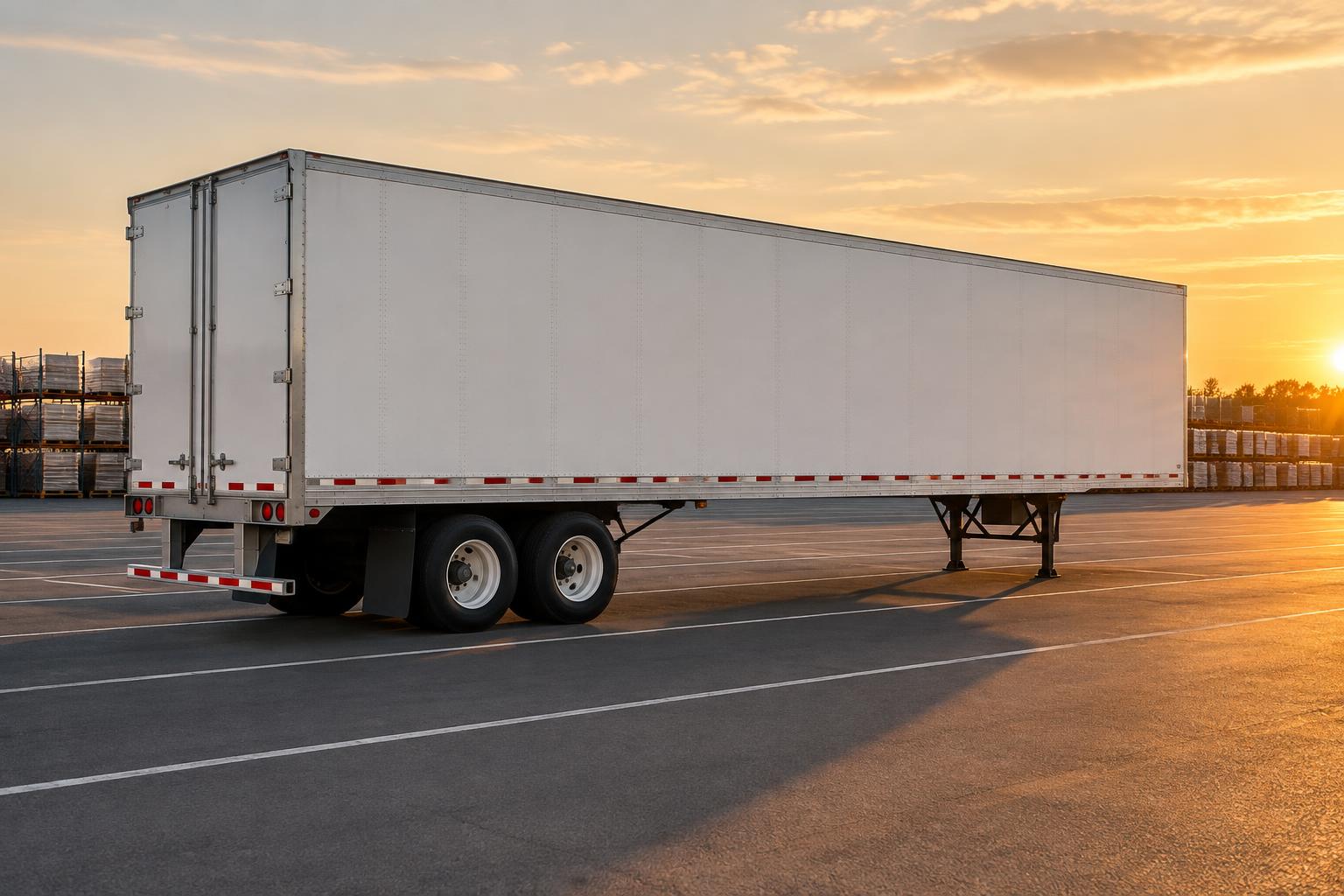 A dry van trailer parked in a distribution yard in late afternoon light