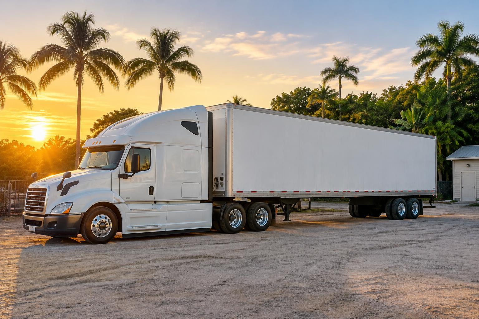 A truck and trailer parked in a Fort Myers, Florida yard at sunrise